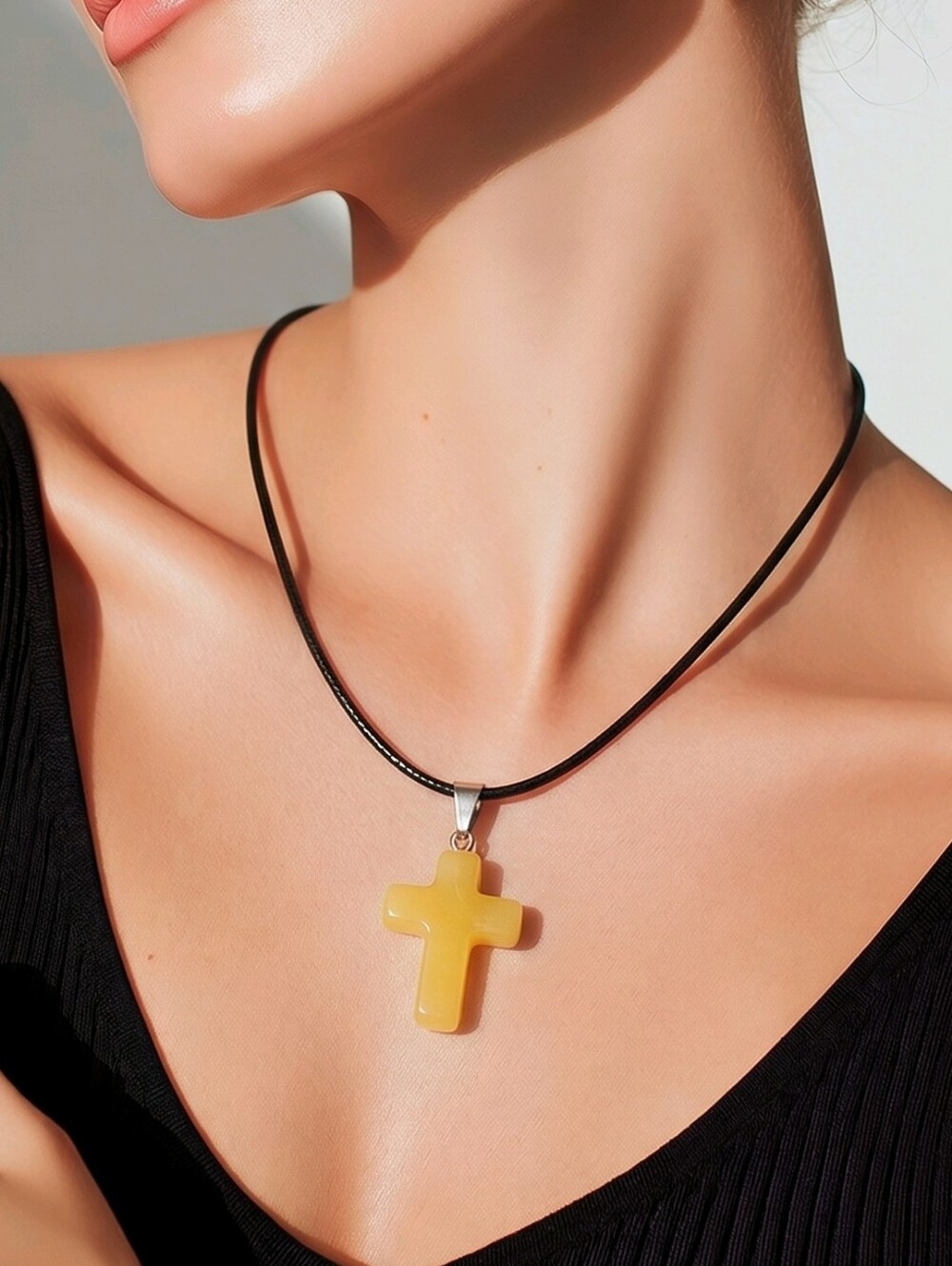 Butterscotch Amber Yellow Cross Necklace Baltic Egg Yolk Amber Pendant Wax Cord